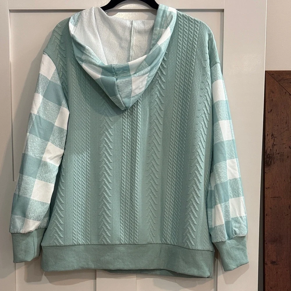 Modlily Mint Green and White Plaid Knit Hoodie - Size Large - Picture 4 of 4